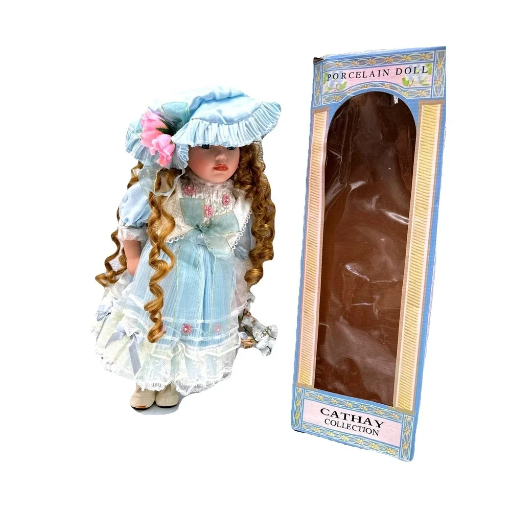 Cathay Collection Porcelain‎ Doll Blue Dress Curly Hair With Box Collectible